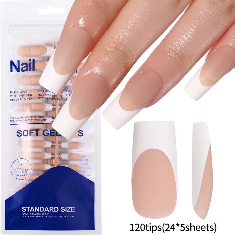 120pcs Long Square French Press - On Nails — Glossy & Matte Pink White Edge Full Cover Set - Mzunye