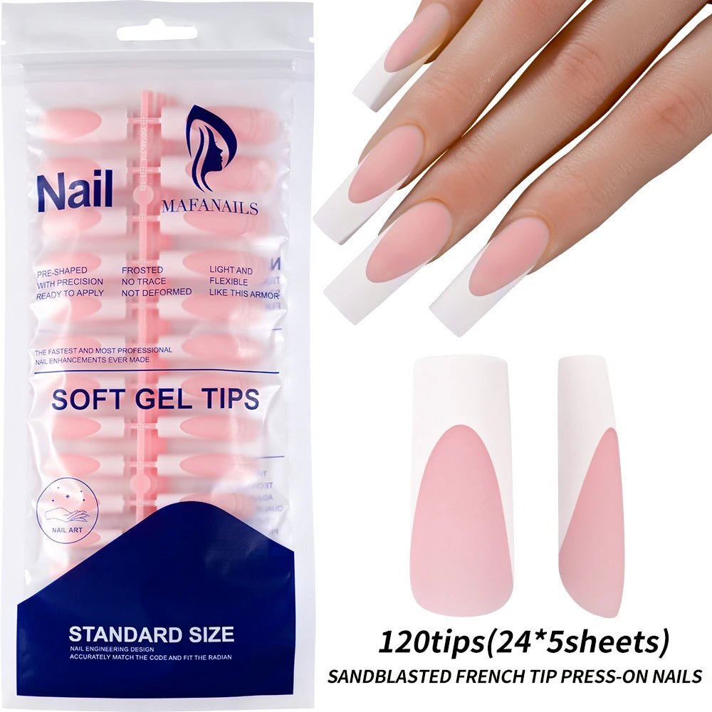 120pcs Long Square French Press - On Nails — Glossy & Matte Pink White Edge Full Cover Set - Mzunye