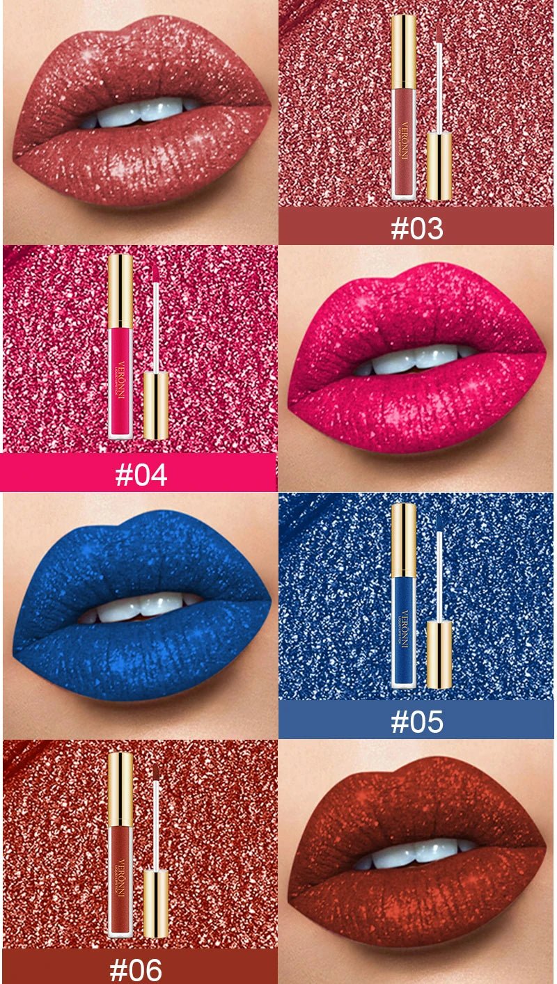 15 Color Glitter Liquid Lipstick Set — Shimmer Pearlescent Diamond Lip Glaze Waterproof Long - Lasting - Mzunye