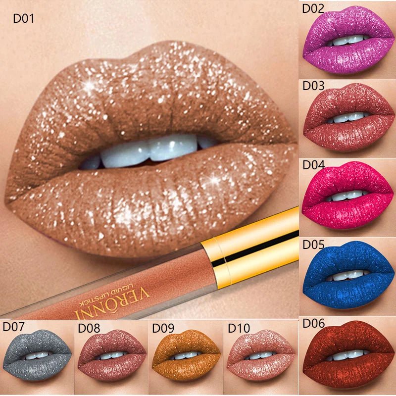 15 Color Glitter Liquid Lipstick Set — Shimmer Pearlescent Diamond Lip Glaze Waterproof Long - Lasting - Mzunye