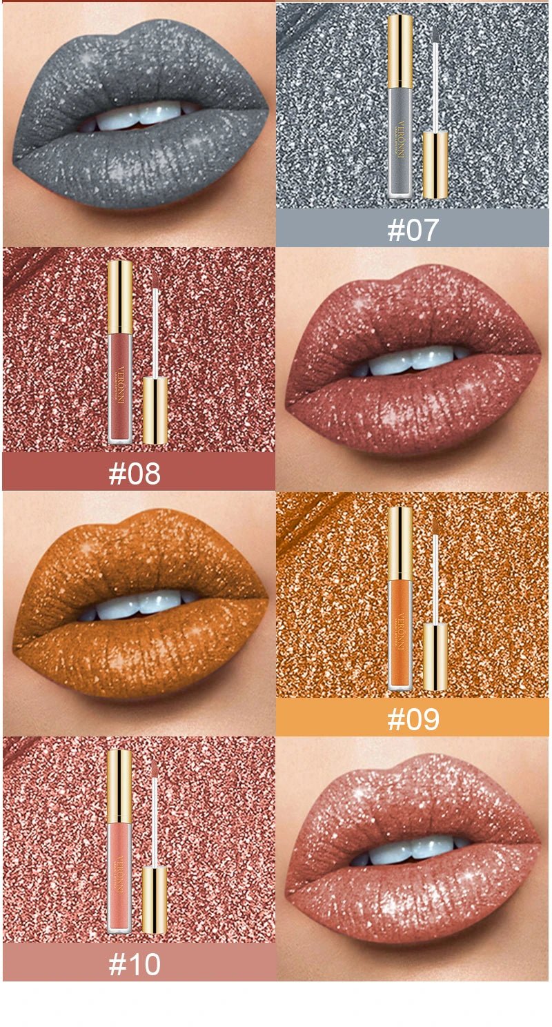 15 Color Glitter Liquid Lipstick Set — Shimmer Pearlescent Diamond Lip Glaze Waterproof Long - Lasting - Mzunye