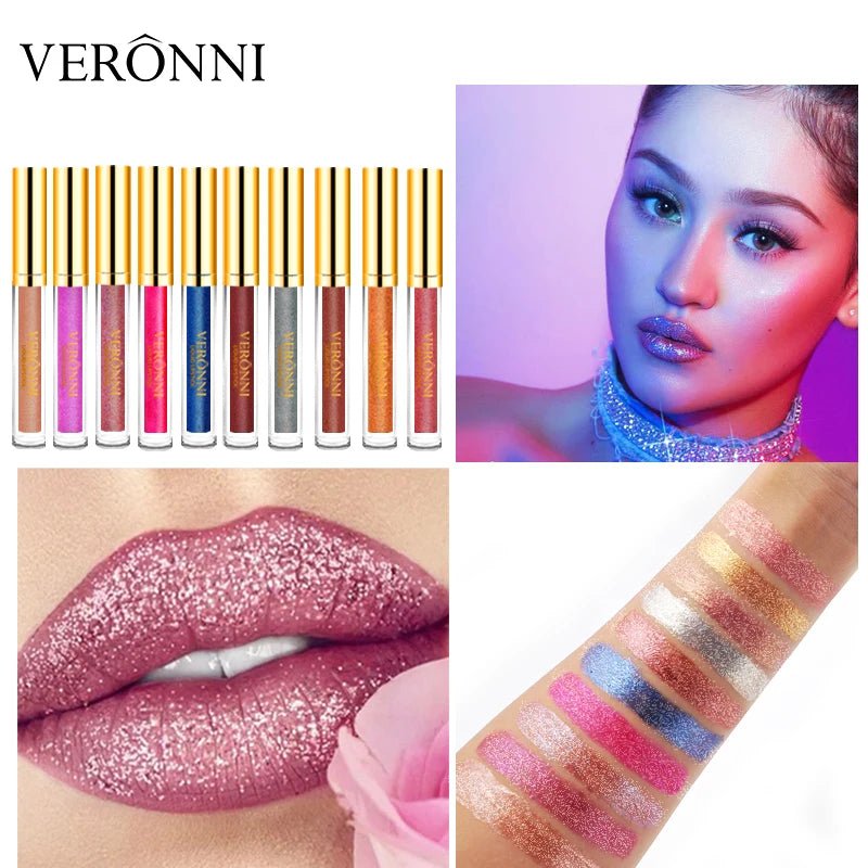 15 Color Glitter Liquid Lipstick Set — Shimmer Pearlescent Diamond Lip Glaze Waterproof Long - Lasting - Mzunye