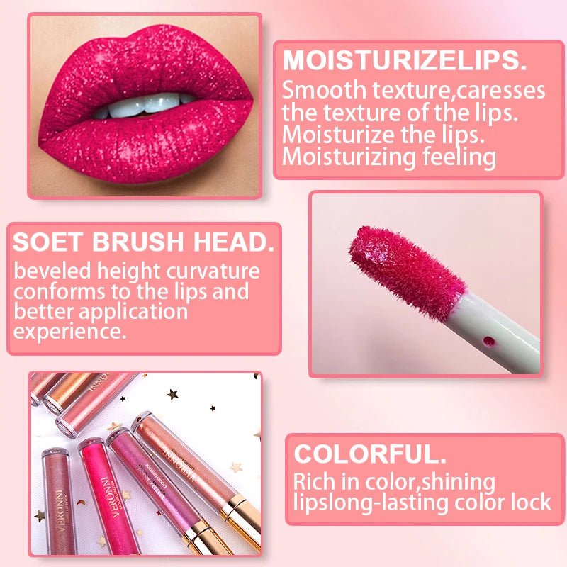 15 Color Glitter Liquid Lipstick Set — Shimmer Pearlescent Diamond Lip Glaze Waterproof Long - Lasting - Mzunye
