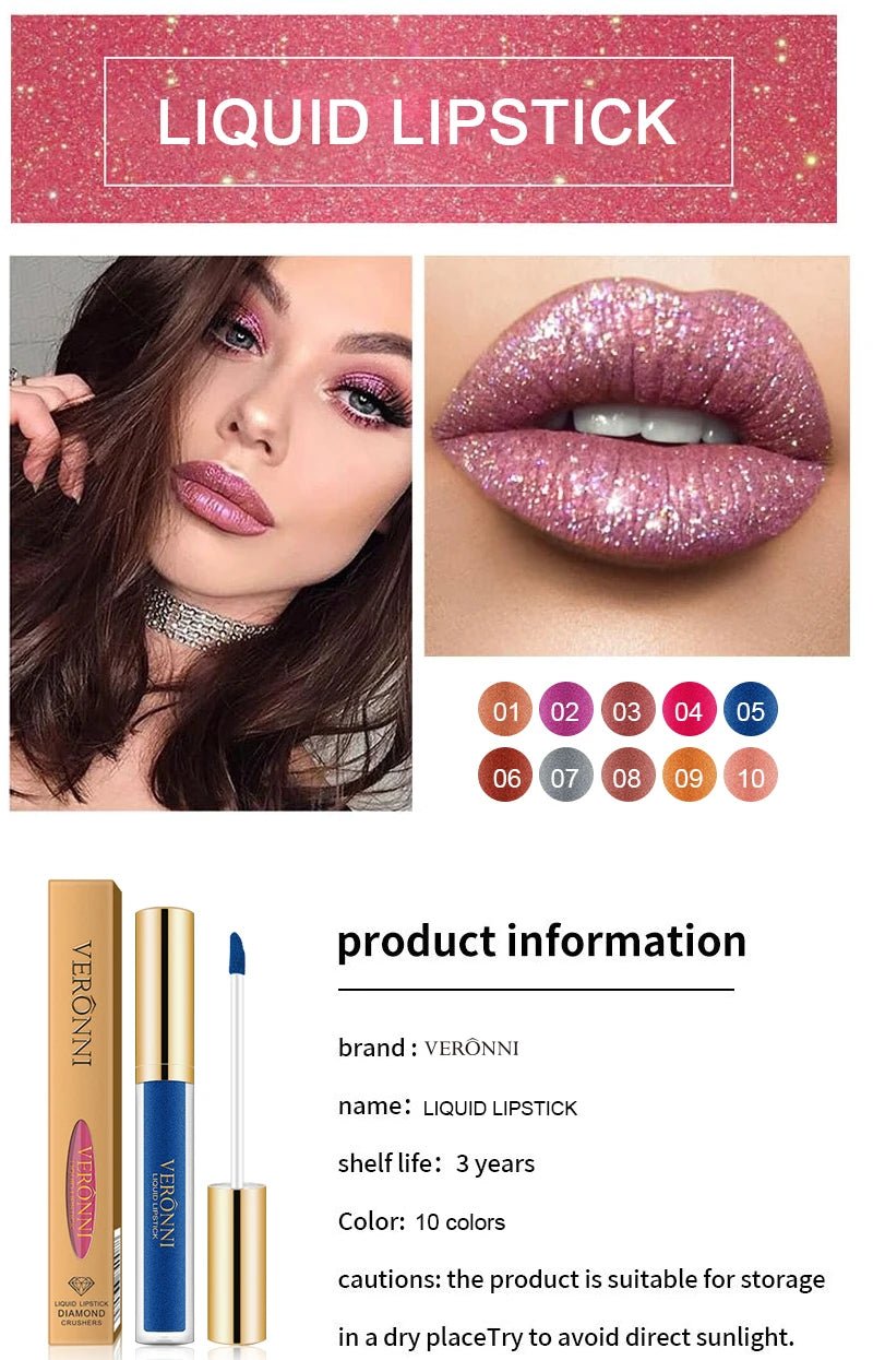 15 Color Glitter Liquid Lipstick Set — Shimmer Pearlescent Diamond Lip Glaze Waterproof Long - Lasting - Mzunye