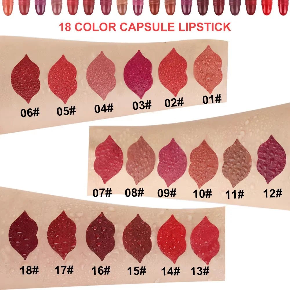 18pc Capsule Lipstick Pill Set — Colorful Waterproof Glitter & Lip Gloss Collection - Mzunye