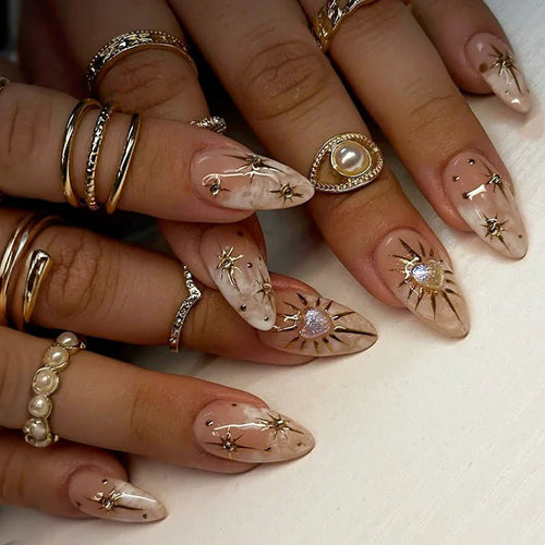 24 - Piece Almond Press - On Nails | Sun & Star French Tips with Gradient Design - Mzunye