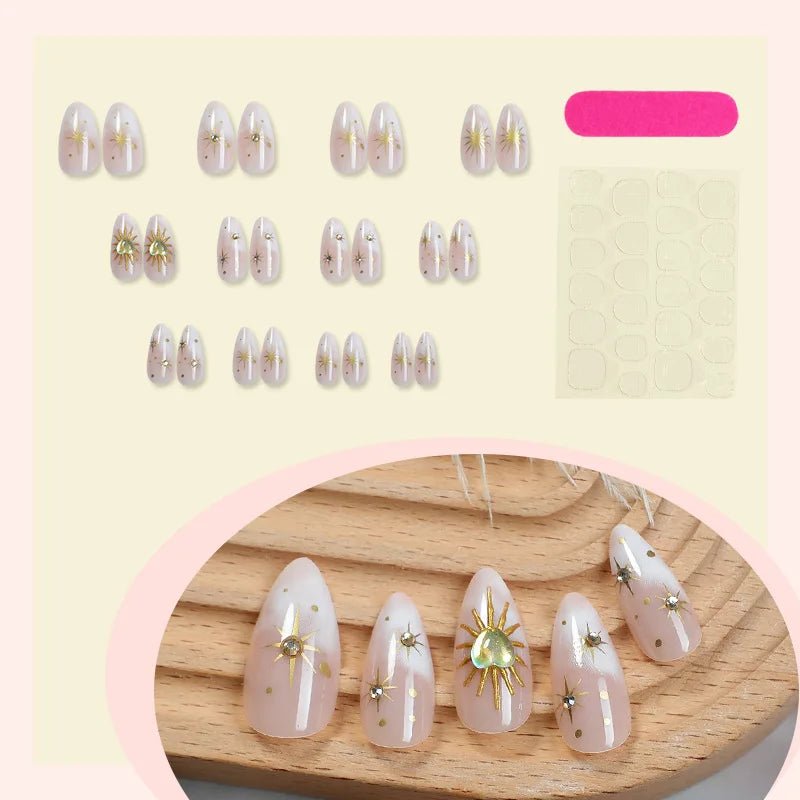 24 - Piece Almond Press - On Nails | Sun & Star French Tips with Gradient Design - Mzunye