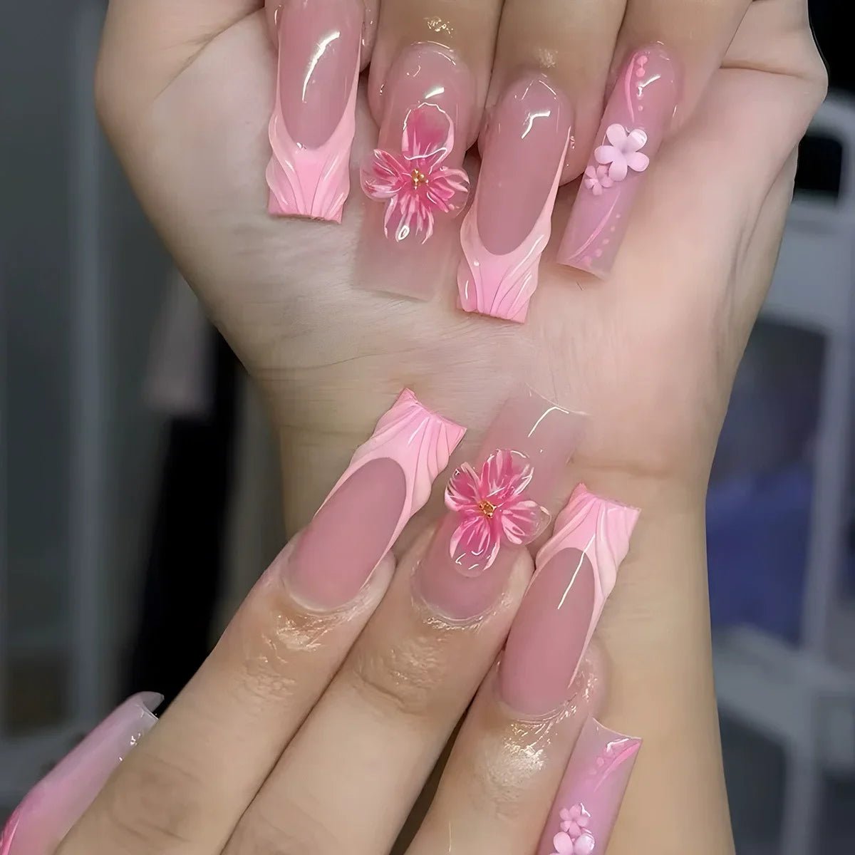 24 - Piece Long French Press - On Nails | 3D Flower Design — 25 Colors - Mzunye