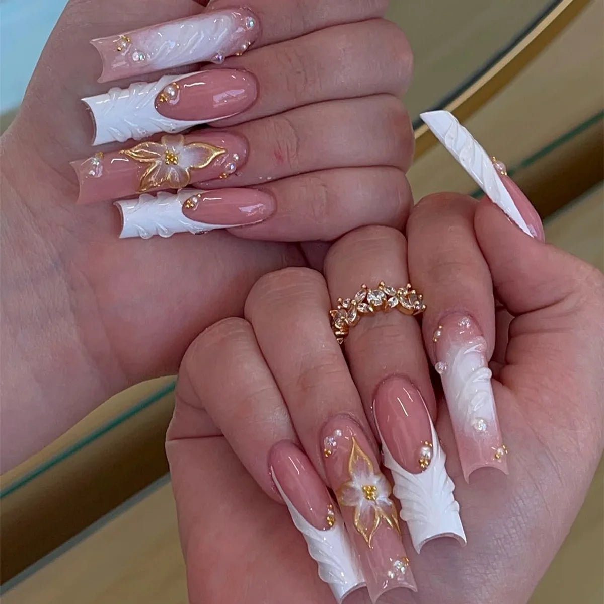 24 - Piece Long French Press - On Nails | 3D Flower Design — 25 Colors - Mzunye