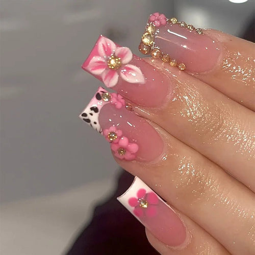 24 - Piece Long French Press - On Nails | 3D Flower Design — 25 Colors - Mzunye