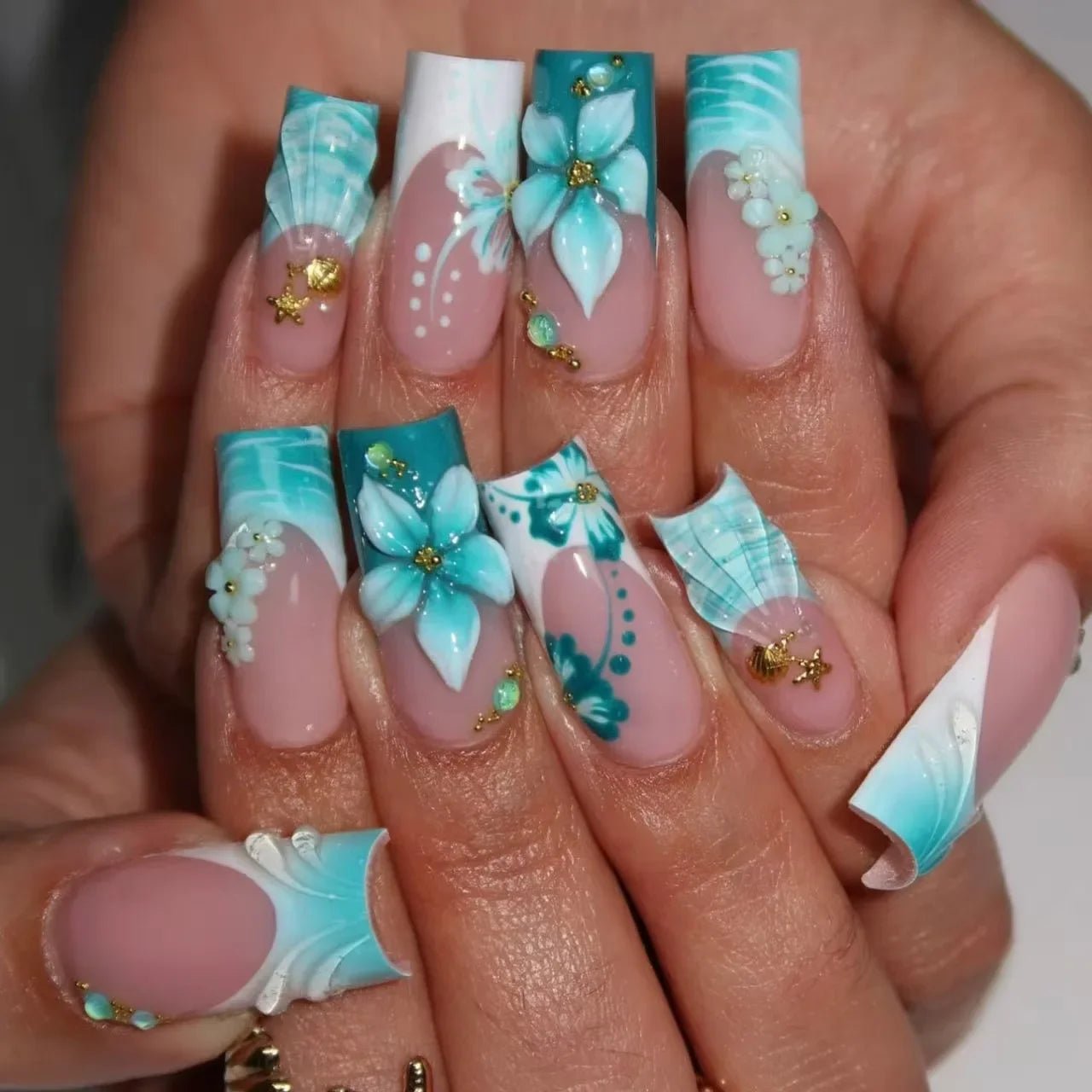 24 - Piece Long French Press - On Nails | 3D Flower Design — 25 Colors - Mzunye