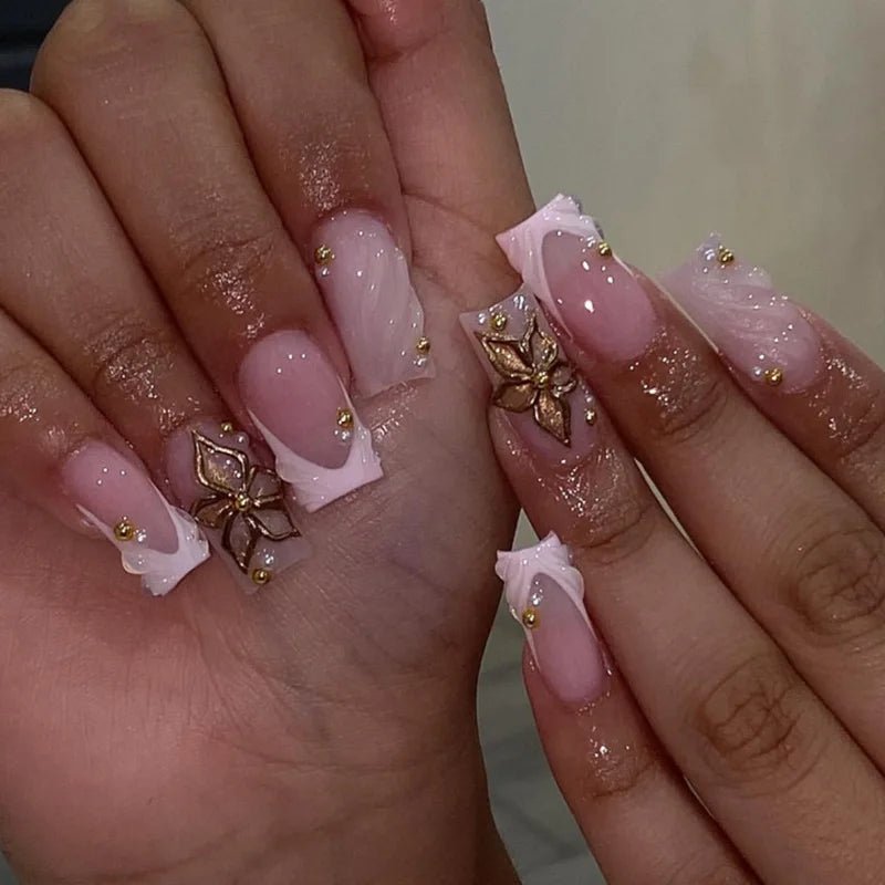 24 - Piece Long French Press - On Nails | 3D Flower Design — 25 Colors - Mzunye