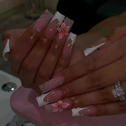 24 - Piece Long French Press - On Nails | 3D Flower Design — 25 Colors - Mzunye