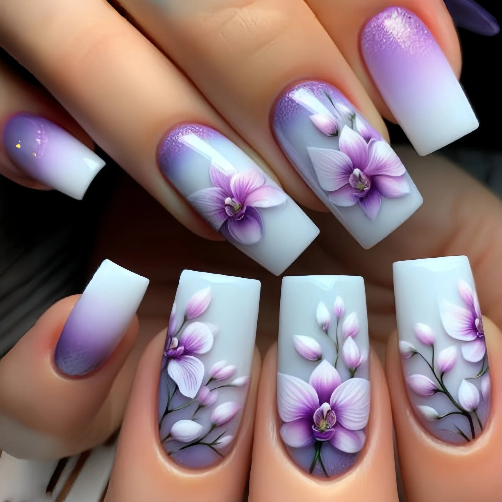 24 - Piece Long French Press - On Nails | 3D Flower Design — 25 Colors - Mzunye