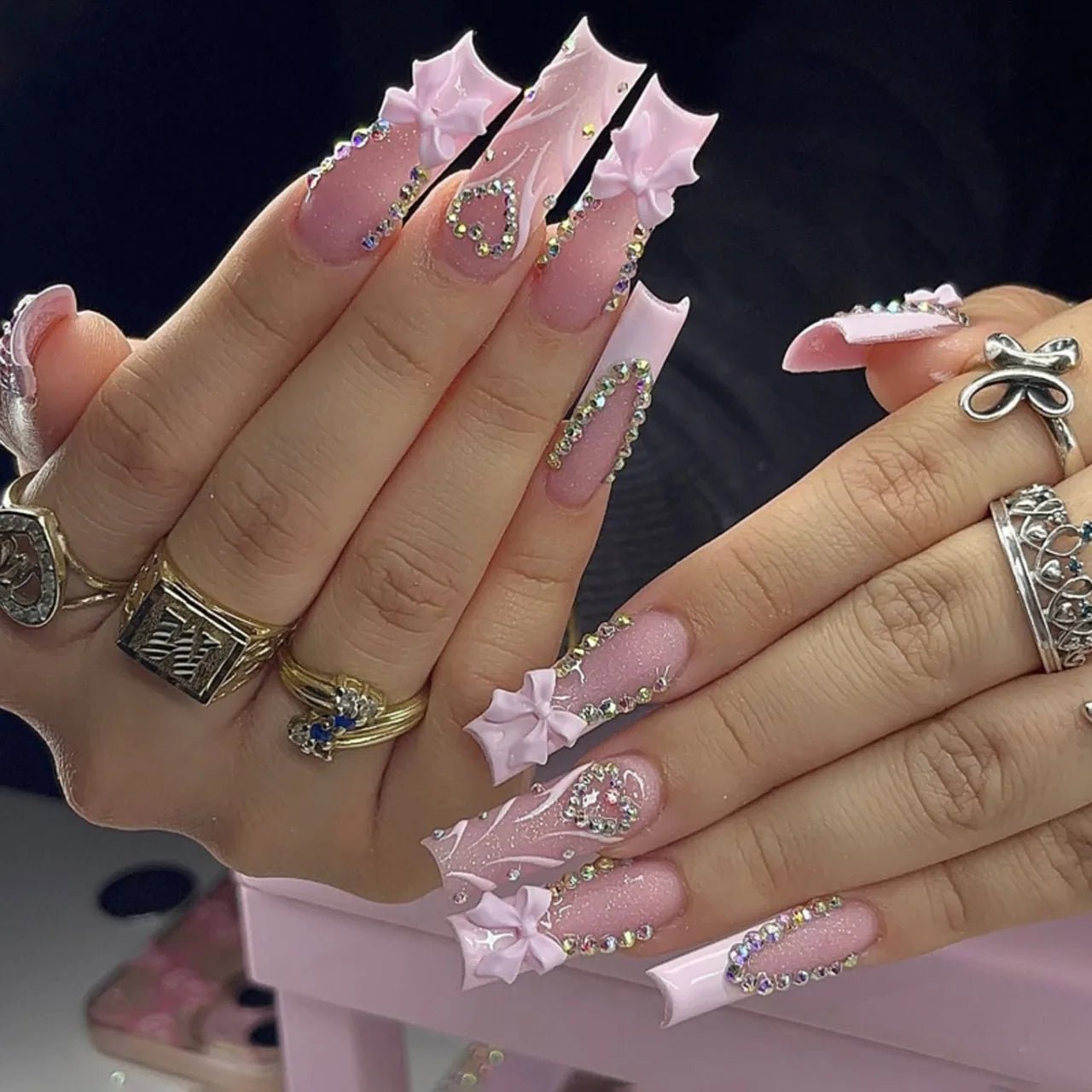 24 - Piece Long French Press - On Nails | 3D Flower Design — 25 Colors - Mzunye