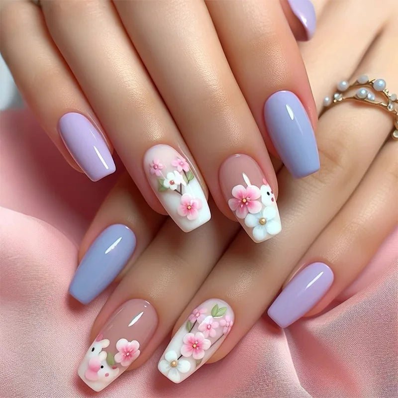 24 - Piece Long French Press - On Nails | 3D Flower Design — 25 Colors - Mzunye