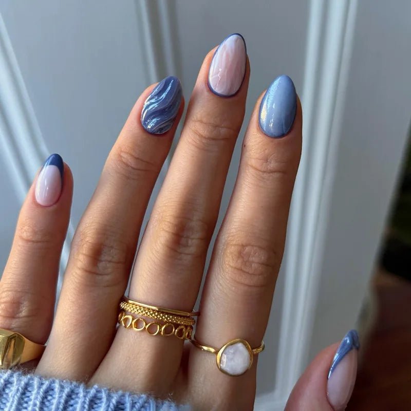 24 - Piece Short Almond Press - On Nails | Blue French Tips with Wave Line & Golden Star Design — 7 Styles - Mzunye