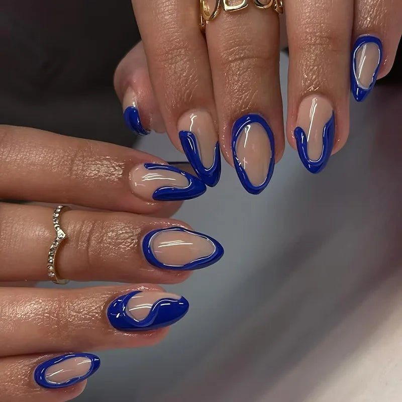 24 - Piece Short Almond Press - On Nails | Blue French Tips with Wave Line & Golden Star Design — 7 Styles - Mzunye