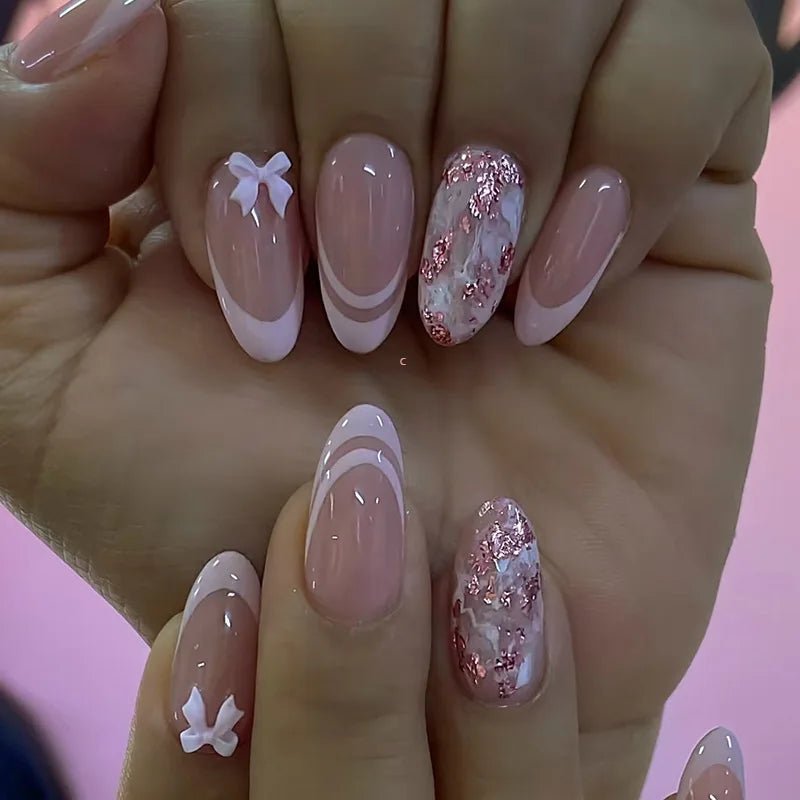 24 - Piece Short Almond Press - On Nails | Blue French Tips with Wave Line & Golden Star Design — 7 Styles - Mzunye