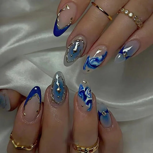 24 - Piece Short Almond Press - On Nails | Blue French Tips with Wave Line & Golden Star Design — 7 Styles - Mzunye