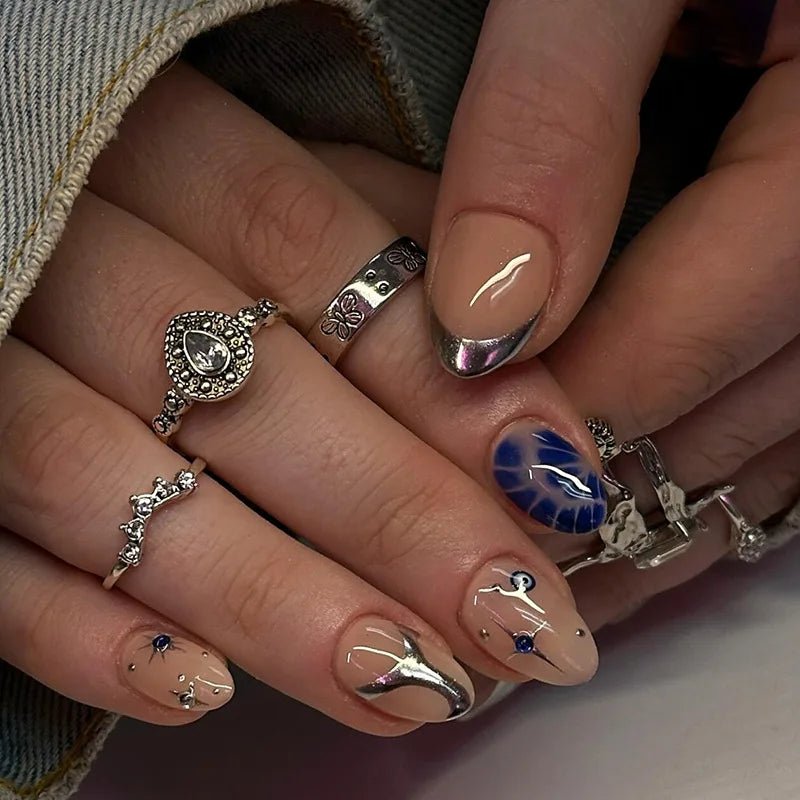24 - Piece Short Almond Press - On Nails | Blue French Tips with Wave Line & Golden Star Design — 7 Styles - Mzunye