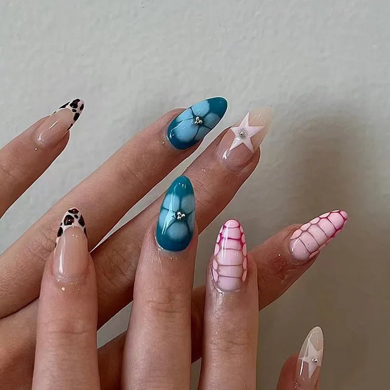 24 - Piece Short Almond Press - On Nails | Blue French Tips with Wave Line & Golden Star Design — 7 Styles - Mzunye