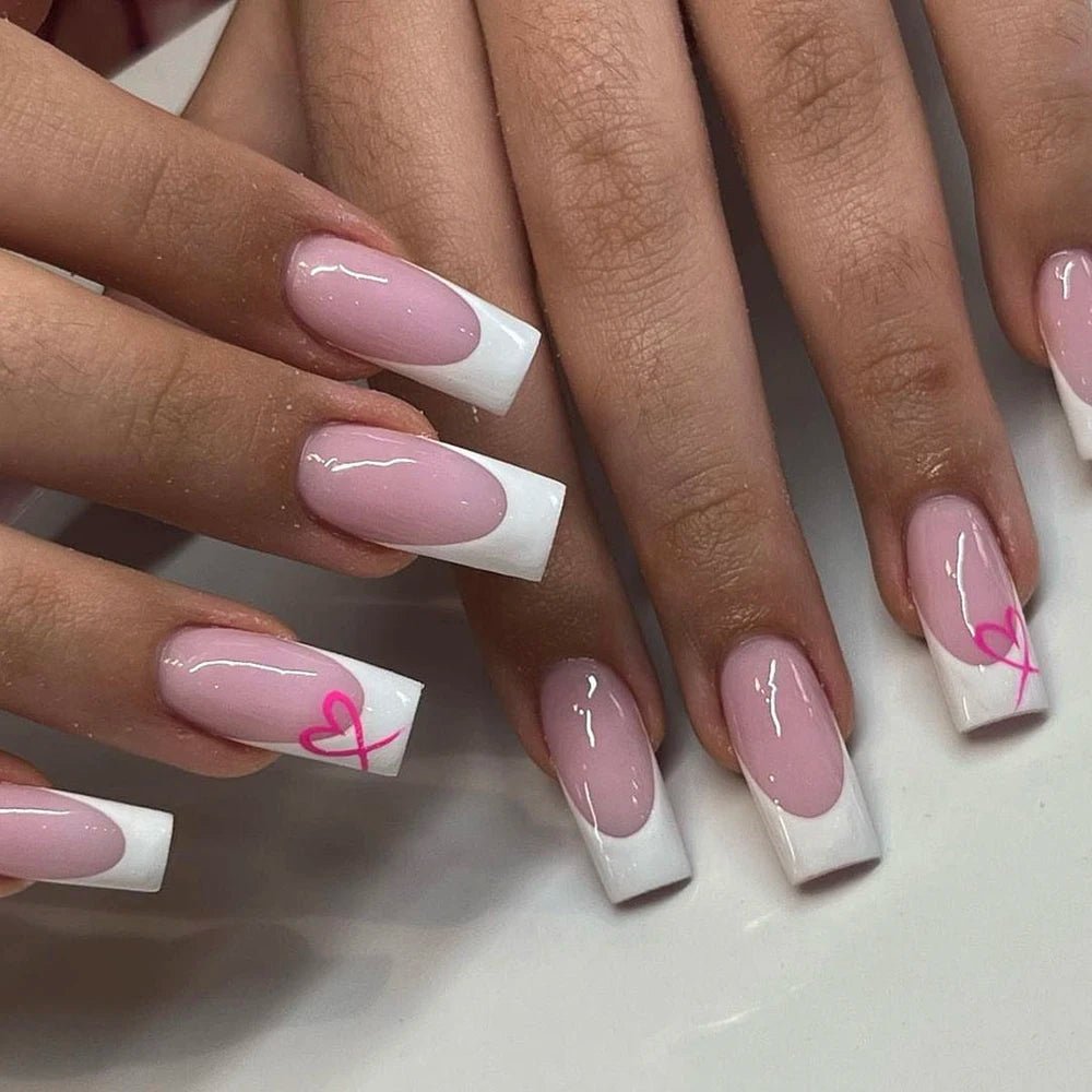 24 - Piece Short Square Press - On Nails | Y2K French Tips, Hearts & Bridal White — 25 Colors - Mzunye