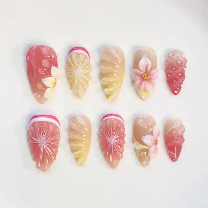 24 - Piece Summer Beach Press - On Nails | 3D Flowers, Starfish & Blue Gradient French Tips - Mzunye