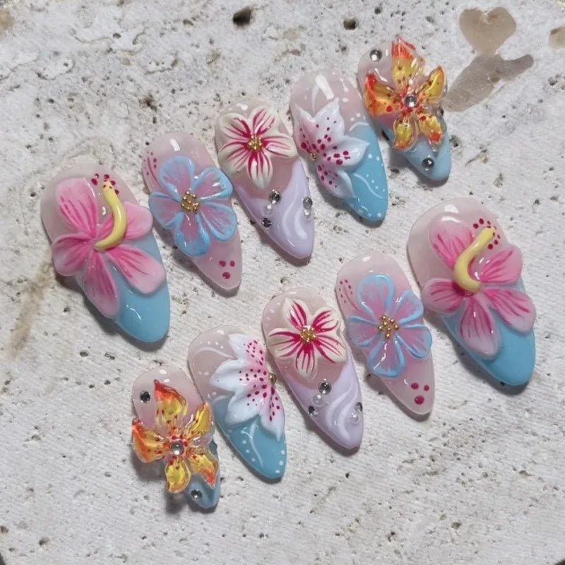 24 - Piece Summer Beach Press - On Nails | 3D Flowers, Starfish & Blue Gradient French Tips - Mzunye