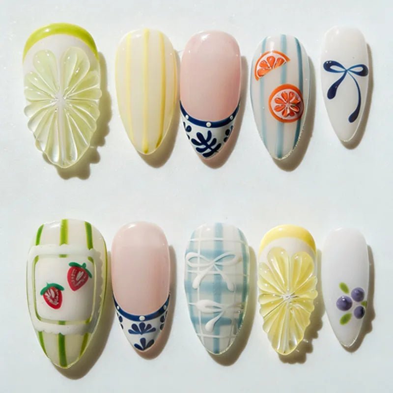 24 - Piece Summer Beach Press - On Nails | 3D Flowers, Starfish & Blue Gradient French Tips - Mzunye