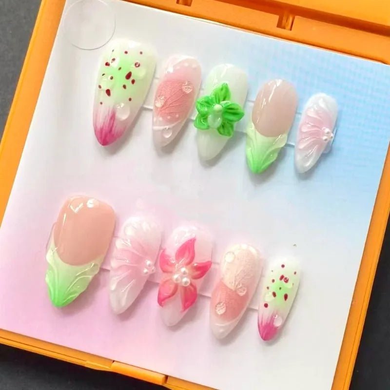24 - Piece Summer Beach Press - On Nails | 3D Flowers, Starfish & Blue Gradient French Tips - Mzunye