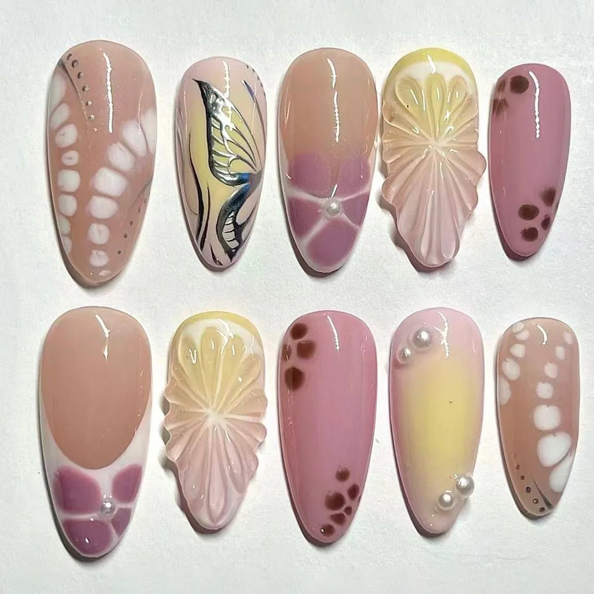 24 - Piece Summer Beach Press - On Nails | 3D Flowers, Starfish & Blue Gradient French Tips - Mzunye