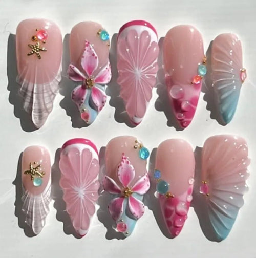24 - Piece Summer Beach Press - On Nails | 3D Flowers, Starfish & Blue Gradient French Tips - Mzunye