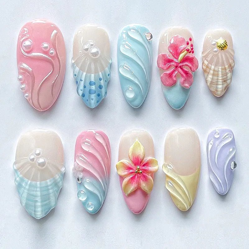 24 - Piece Summer Beach Press - On Nails | 3D Flowers, Starfish & Blue Gradient French Tips - Mzunye