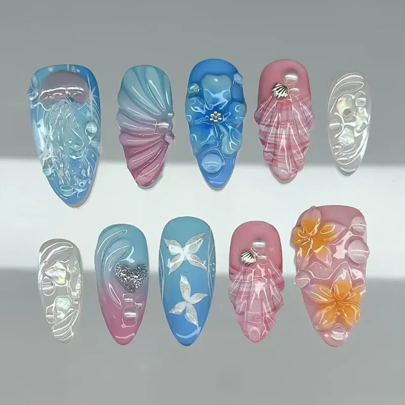 24 - Piece Summer Beach Press - On Nails | 3D Flowers, Starfish & Blue Gradient French Tips - Mzunye