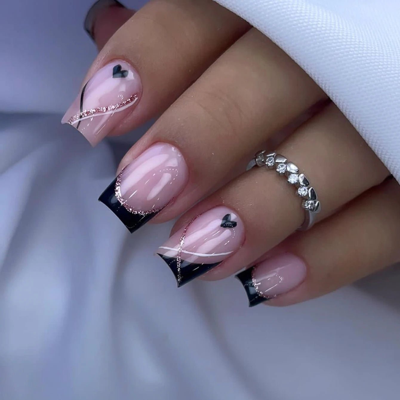 24pcs Ballerina Press - On Nails — Black French Tip Love Design Summer Nails in 19 Colors - Mzunye