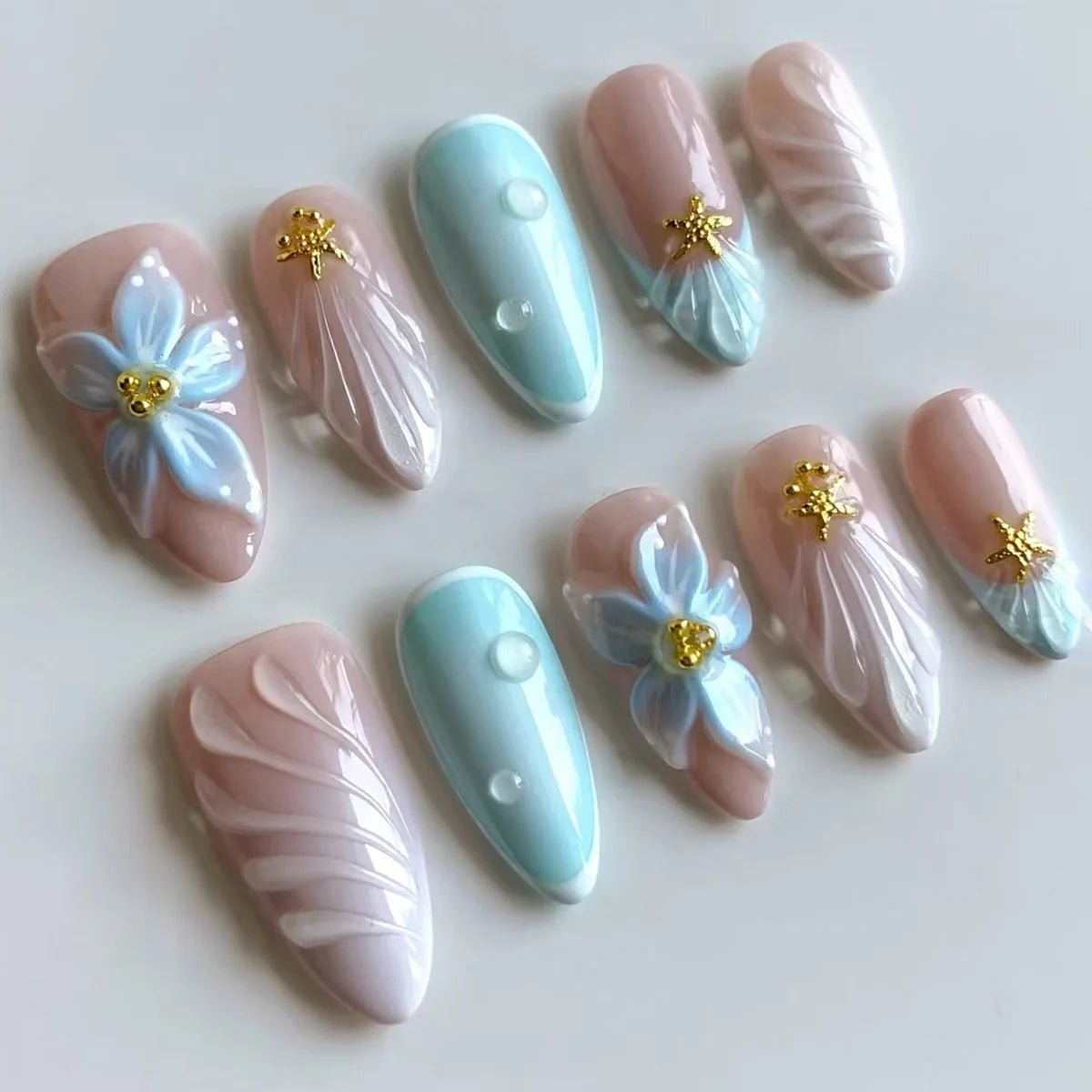 24pcs Blue Almond Press - On Nails — 3D Pearl & Bow Pattern Mid - Length Oval - Mzunye