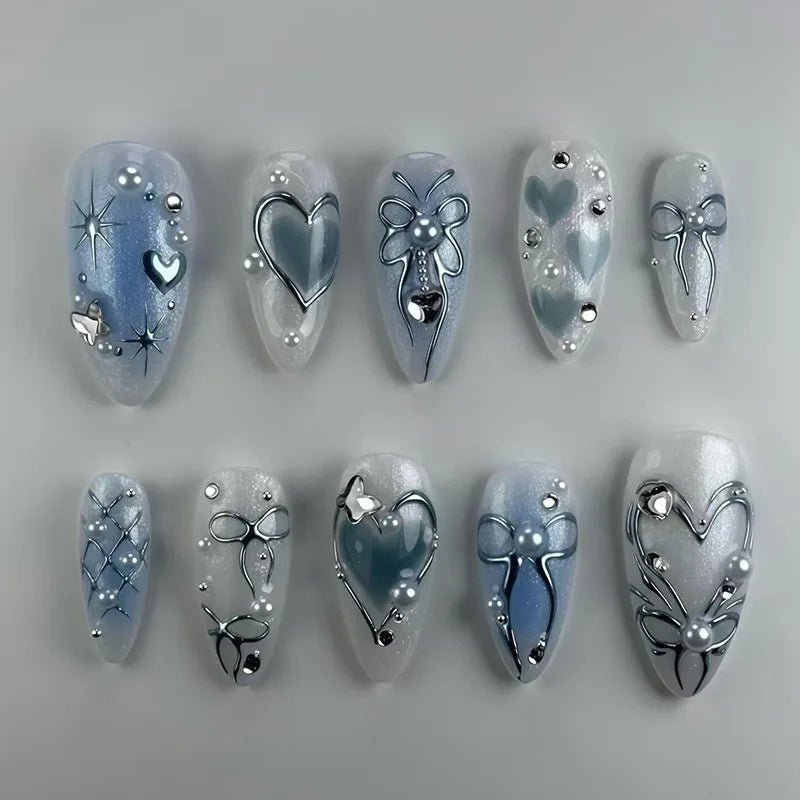 24pcs Blue Almond Press - On Nails — 3D Pearl & Bow Pattern Mid - Length Oval - Mzunye