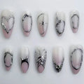 24pcs Blue Almond Press - On Nails — 3D Pearl & Bow Pattern Mid - Length Oval - Mzunye
