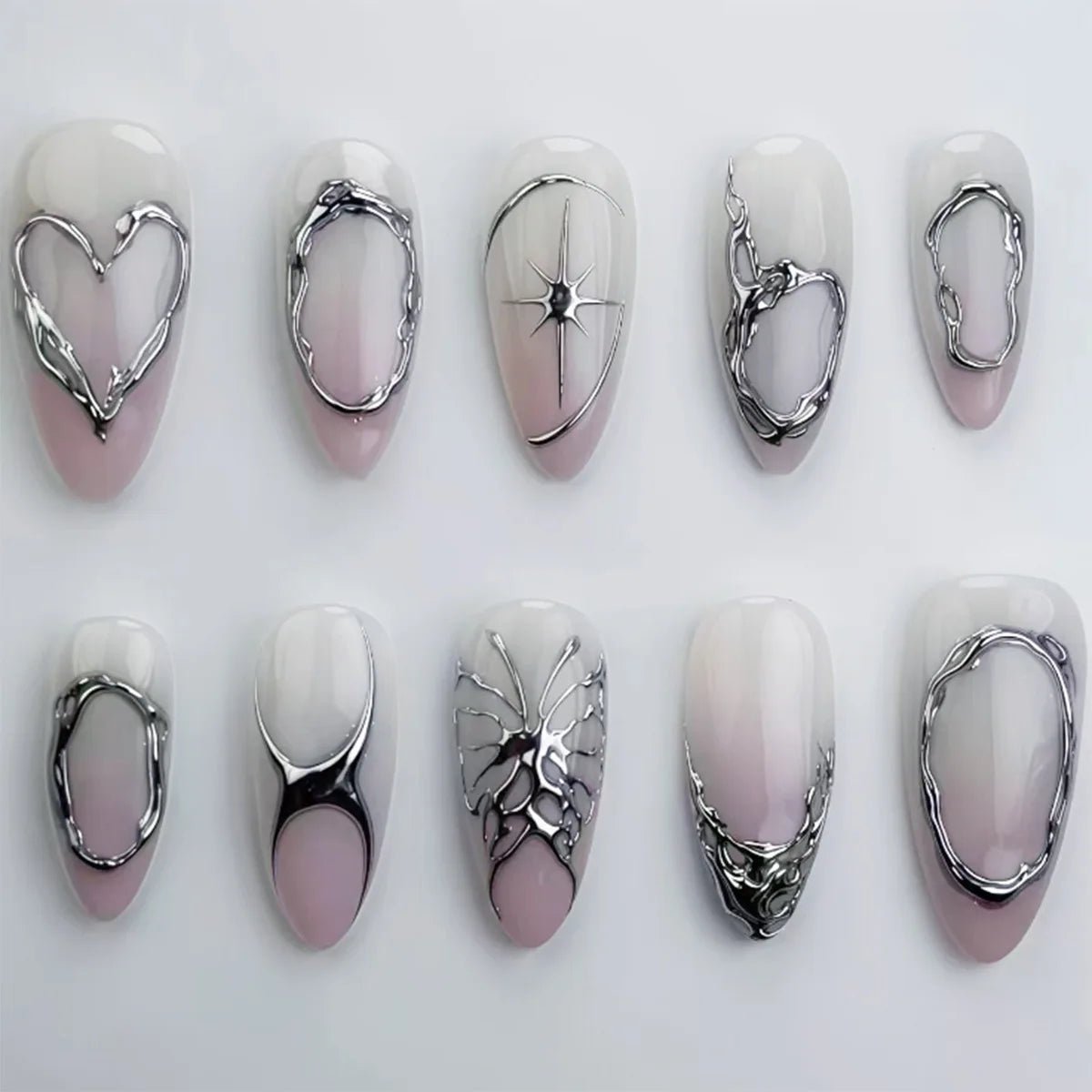 24pcs Blue Almond Press - On Nails — 3D Pearl & Bow Pattern Mid - Length Oval - Mzunye