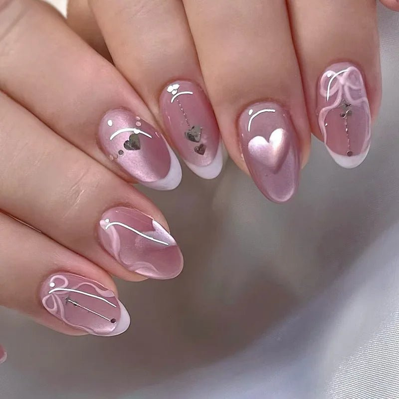 24pcs Blue Almond Press - On Nails — 3D Pearl & Bow Pattern Mid - Length Oval - Mzunye