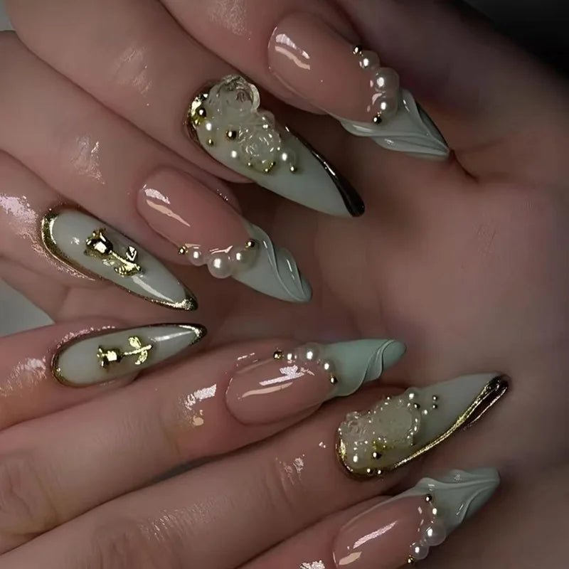 24pcs Blue Almond Press - On Nails — 3D Pearl & Bow Pattern Mid - Length Oval - Mzunye