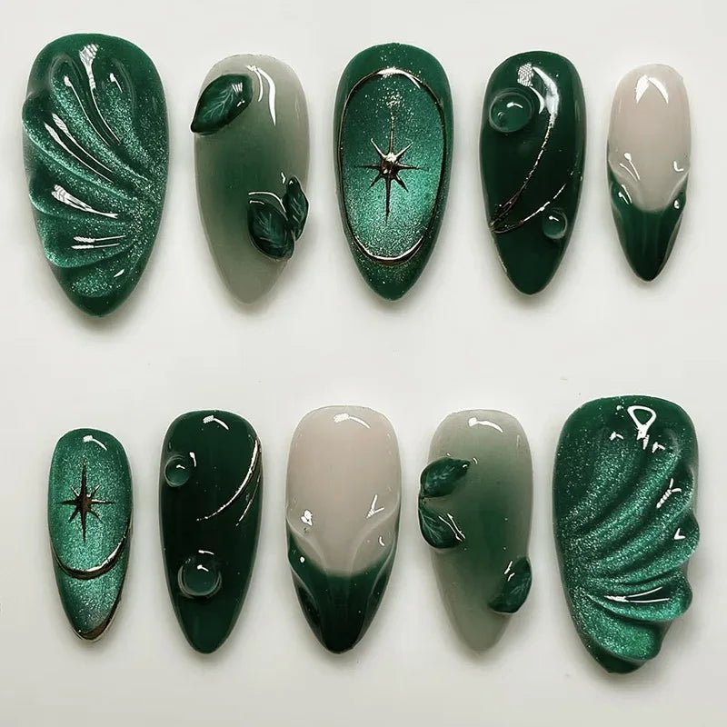 24pcs Blue Almond Press - On Nails — 3D Pearl & Bow Pattern Mid - Length Oval - Mzunye