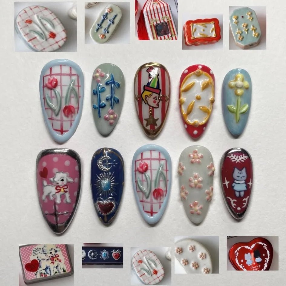 24pcs Flower Print Press - On Nails — Wine Red & Blush Almond Shape Summer Fake Nails - Mzunye