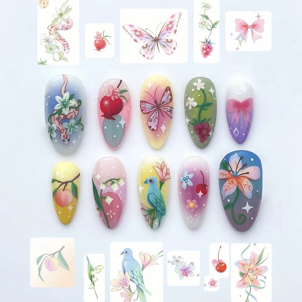 24pcs Flower Print Press - On Nails — Wine Red & Blush Almond Shape Summer Fake Nails - Mzunye