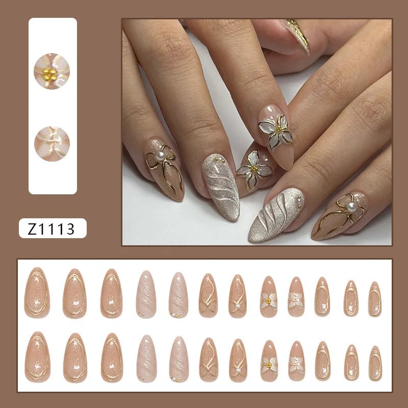24pcs Flower Print Press - On Nails — Wine Red & Blush Almond Shape Summer Fake Nails - Mzunye