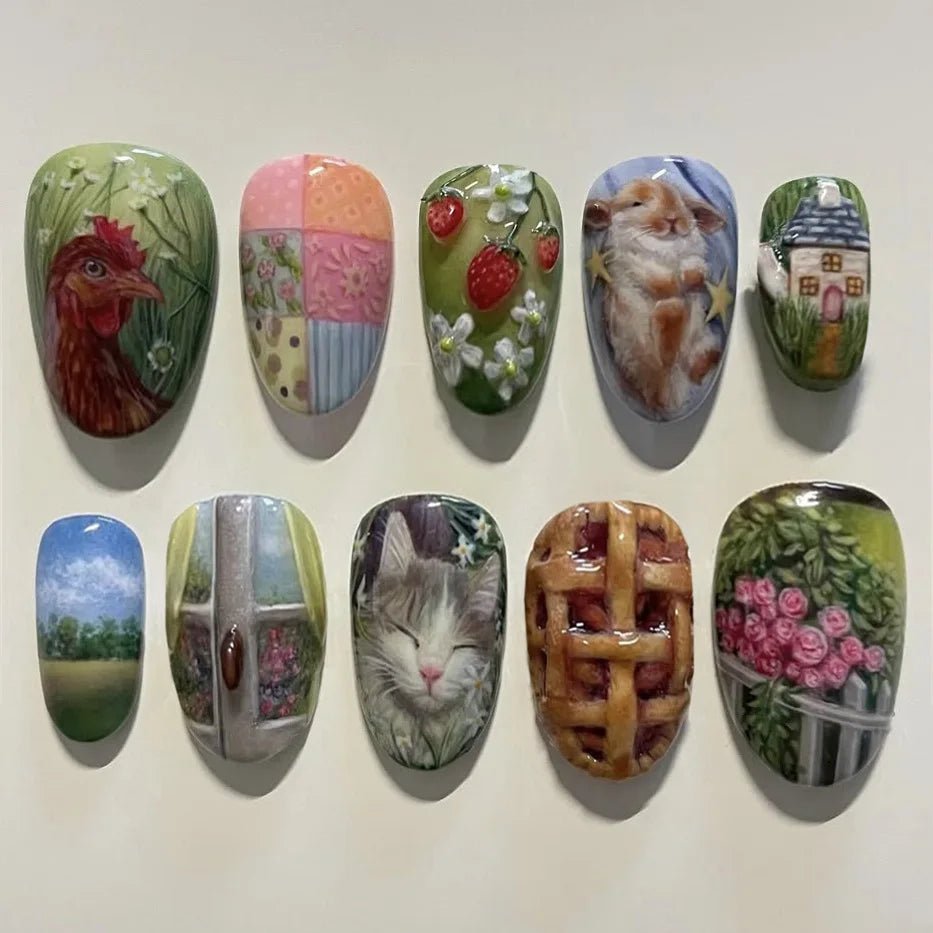 24pcs Flower Print Press - On Nails — Wine Red & Blush Almond Shape Summer Fake Nails - Mzunye