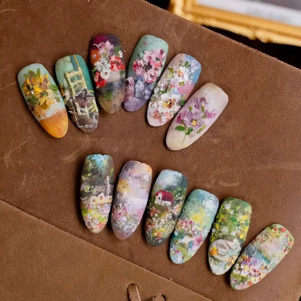 24pcs Flower Print Press - On Nails — Wine Red & Blush Almond Shape Summer Fake Nails - Mzunye