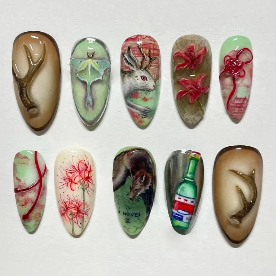 24pcs Flower Print Press - On Nails — Wine Red & Blush Almond Shape Summer Fake Nails - Mzunye