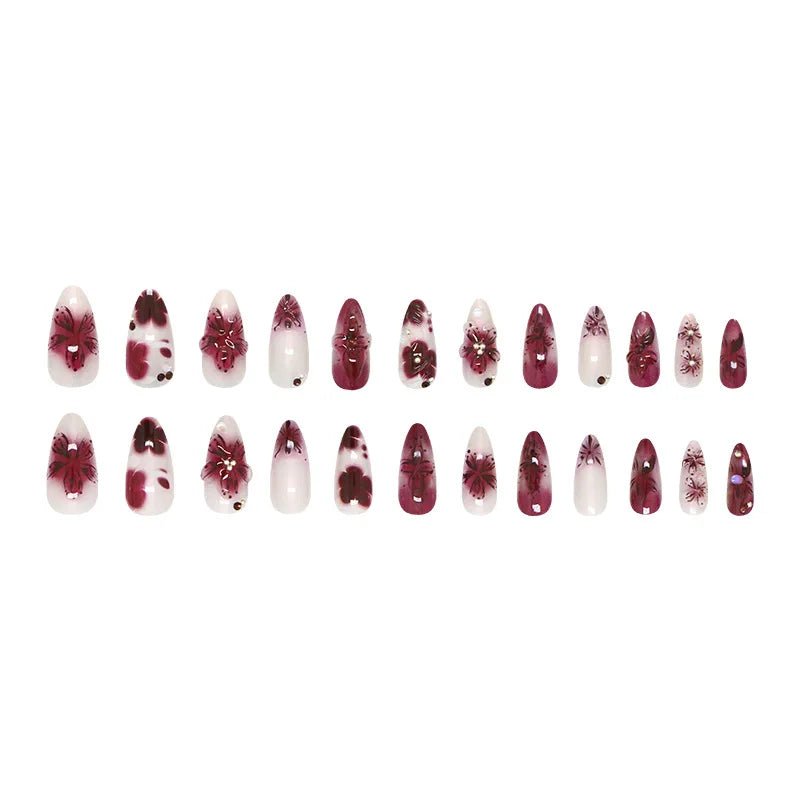 24pcs Flower Print Press - On Nails — Wine Red & Blush Almond Shape Summer Fake Nails - Mzunye